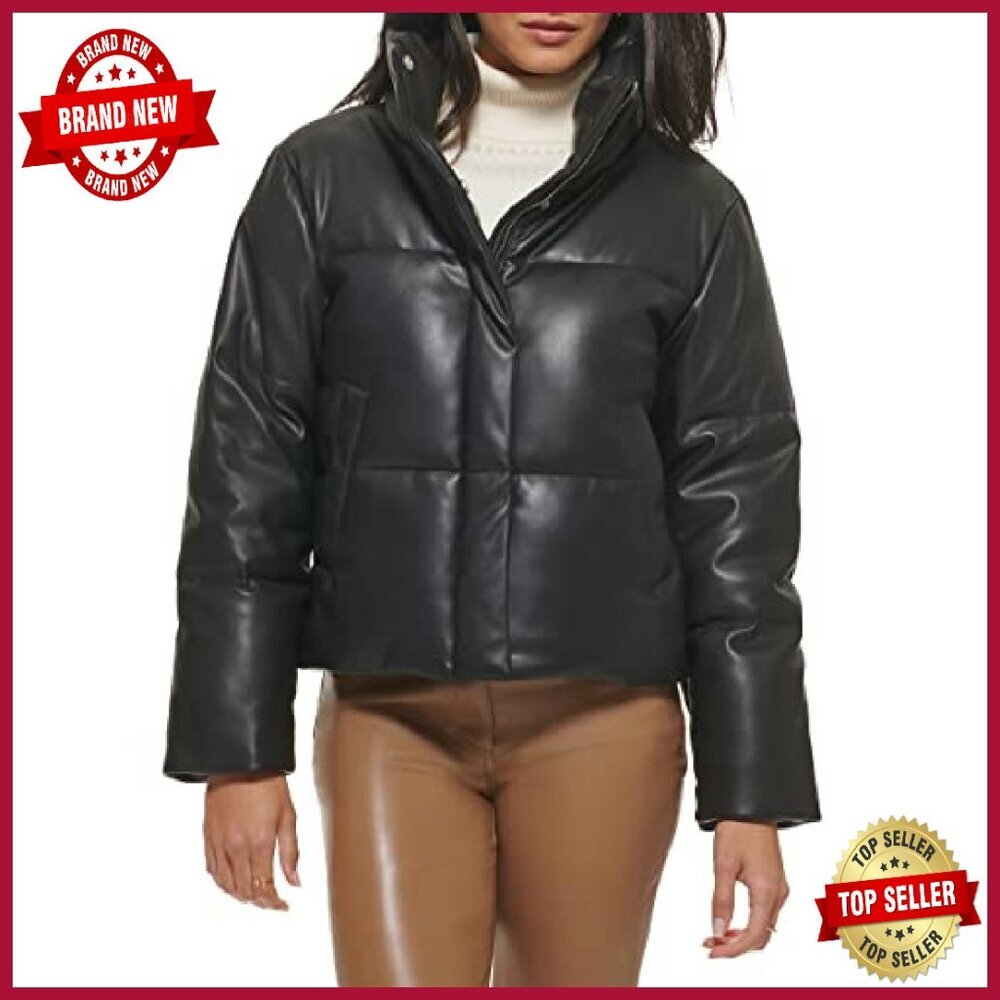 Quilted Vegan Leather Puffer Jacket Cropped Water-Resistant Women's Size - Picture 5 of 8